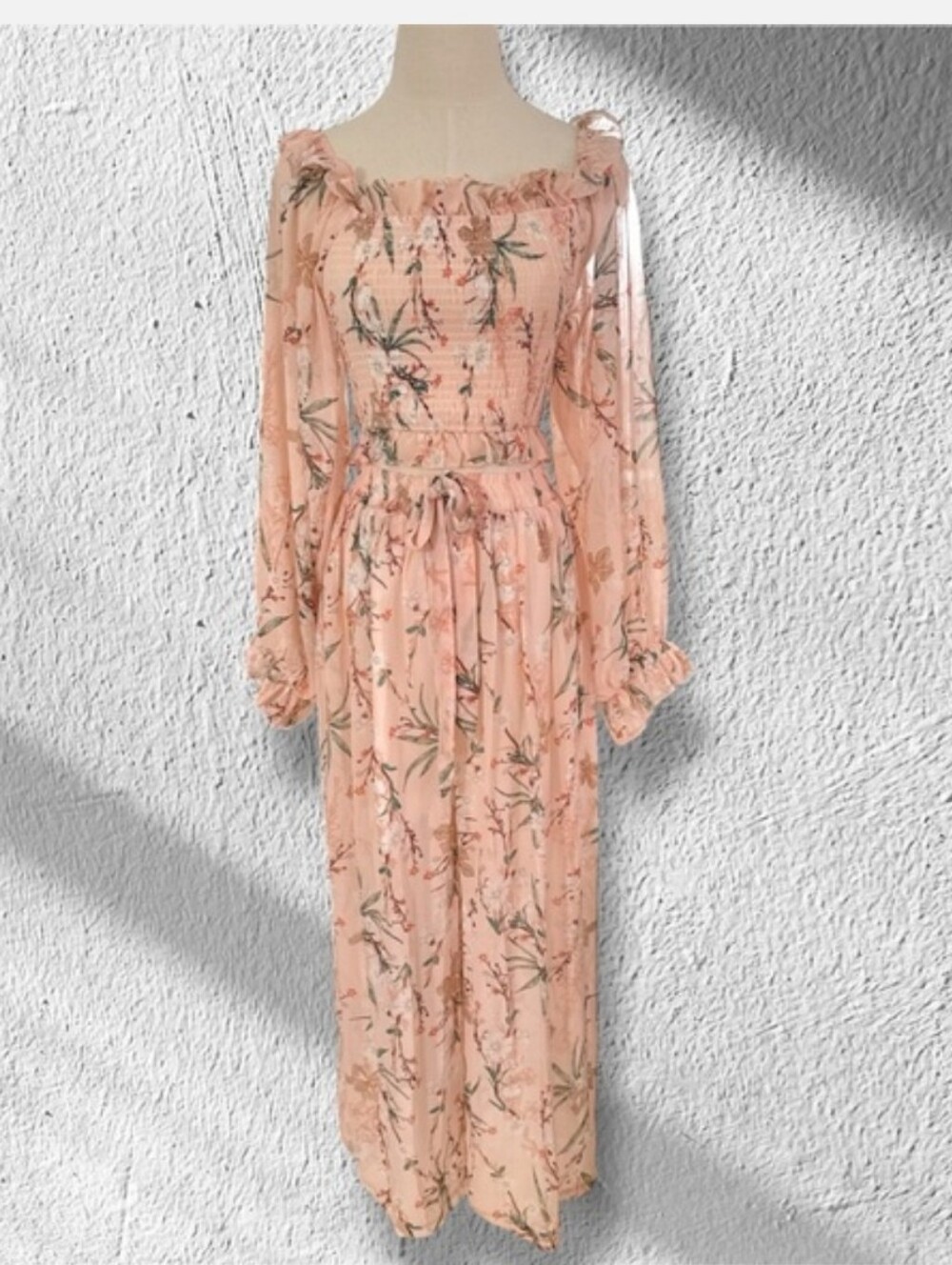 Smocked Chiffon Balloon Sleeve Blouse & Palazzo Pants Set | Pink | XS/S - Picture 3 of 3